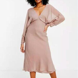 NWT ASOS | Soft Button Back Chiffon Batwing Midi Dress In Mocha Mauve | Size 4